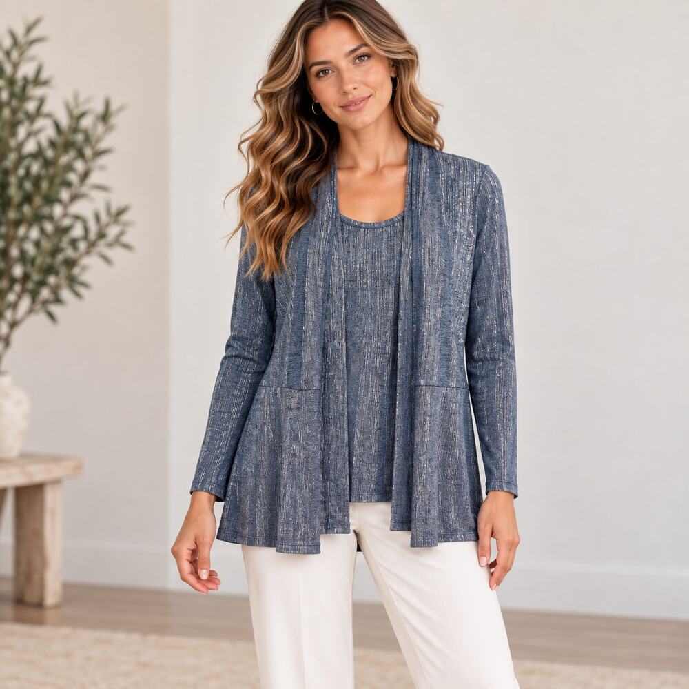 Susan Graver Liquid Knit Cardigan Tank Set Women's Size M Silver Office Party